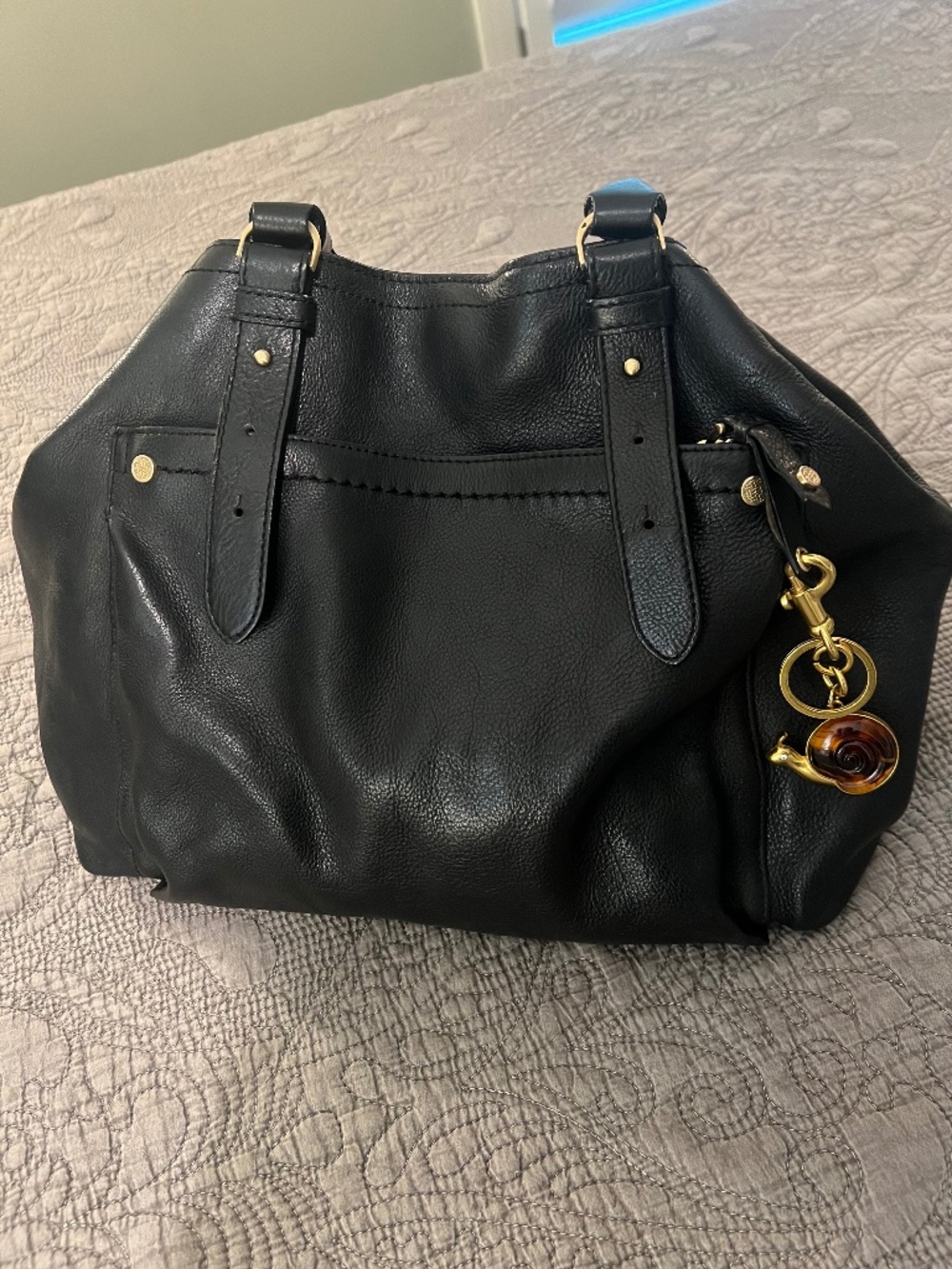 Black Genuine Leather Woven Handle Cole Haan Bag with Gold Trim Adjustable